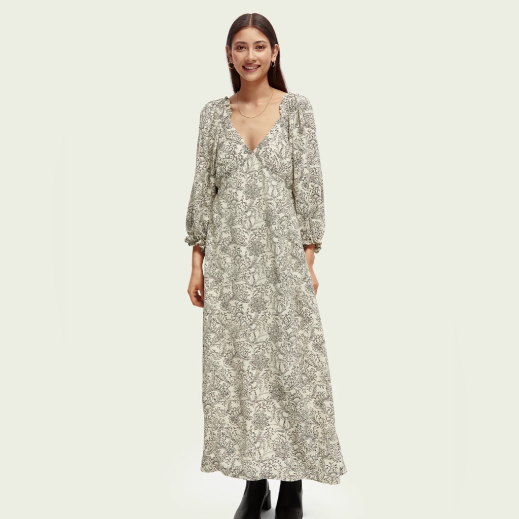 Scotch & Soda Easy Floral V-Neck Maxi Dress In Cream/Black Size Large